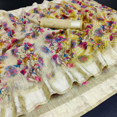 Lemon Green Casual Wear Floral Print With Zari Checks Cotton Saree