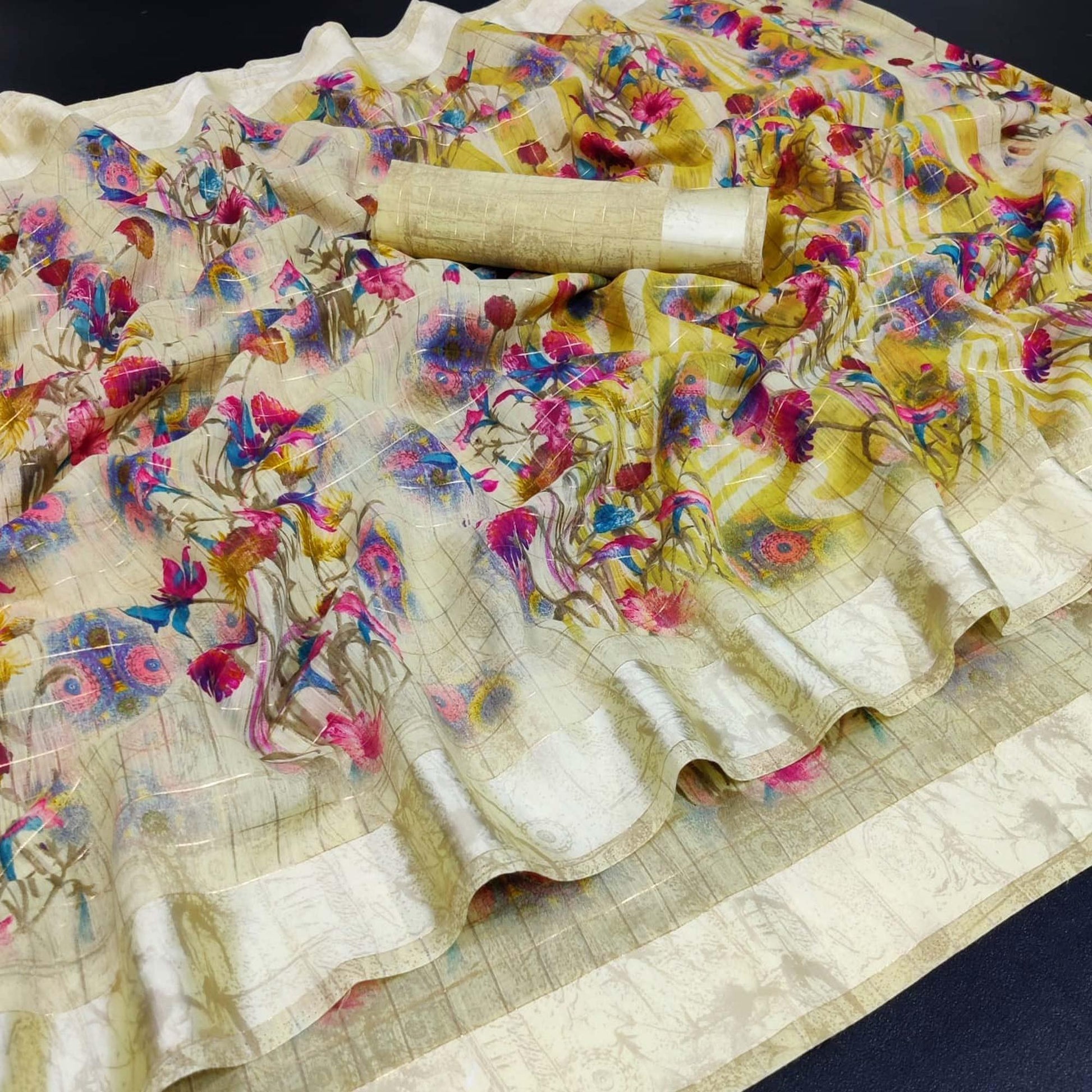 Lemon Green Casual Wear Floral Print With Zari Checks Cotton Saree