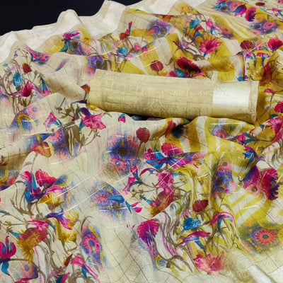 Lemon Green Casual Wear Floral Print With Zari Checks Cotton Saree