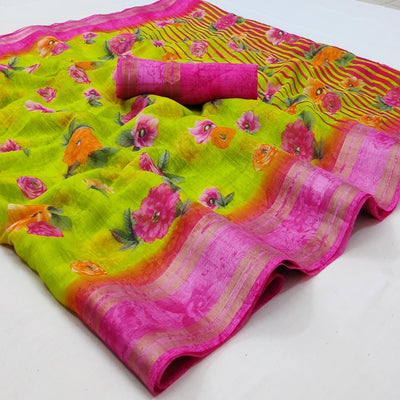 Lemon Green Casual Wear Floral Printed Cotton Saree With Woven Border