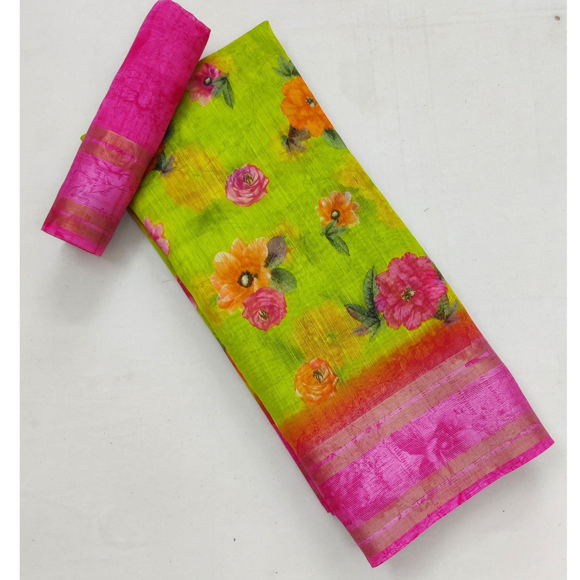 Lemon Green Casual Wear Floral Printed Cotton Saree With Woven Border