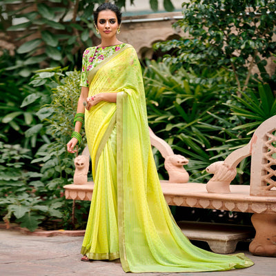 Lemon Green Casual Wear Foil Printed Georgette Saree