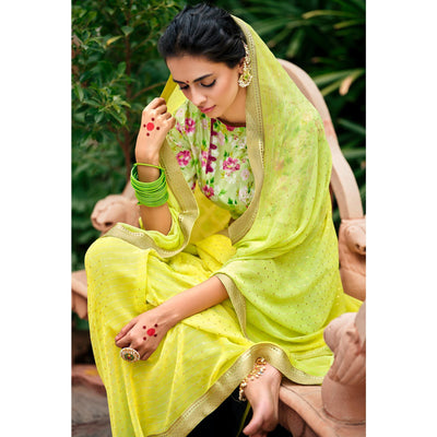 Lemon Green Casual Wear Foil Printed Georgette Saree
