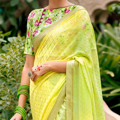 Lemon Green Casual Wear Foil Printed Georgette Saree