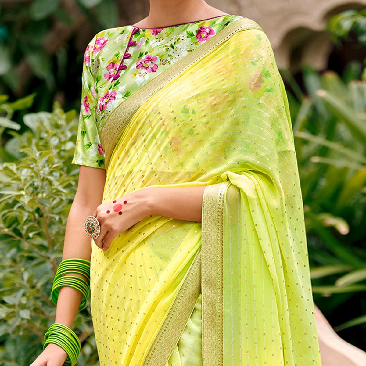 Lemon Green Casual Wear Foil Printed Georgette Saree