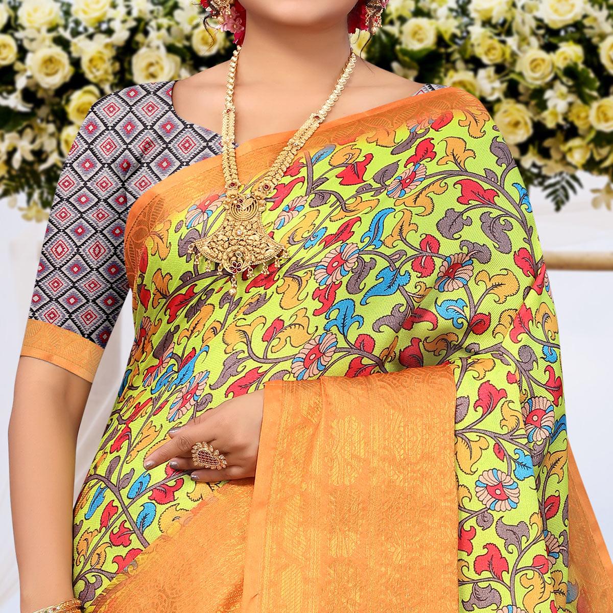 Lemon Green Digital Printed Khaadi Saree