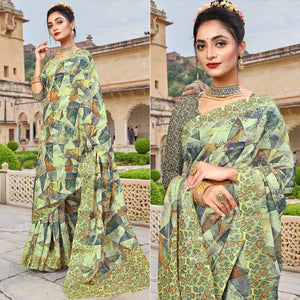 Lemon Green Digital Printed Linen Saree