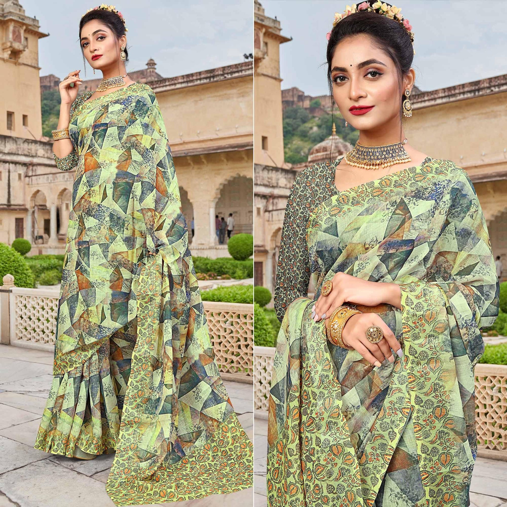 Lemon Green Digital Printed Linen Saree