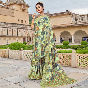 Lemon Green Digital Printed Linen Saree
