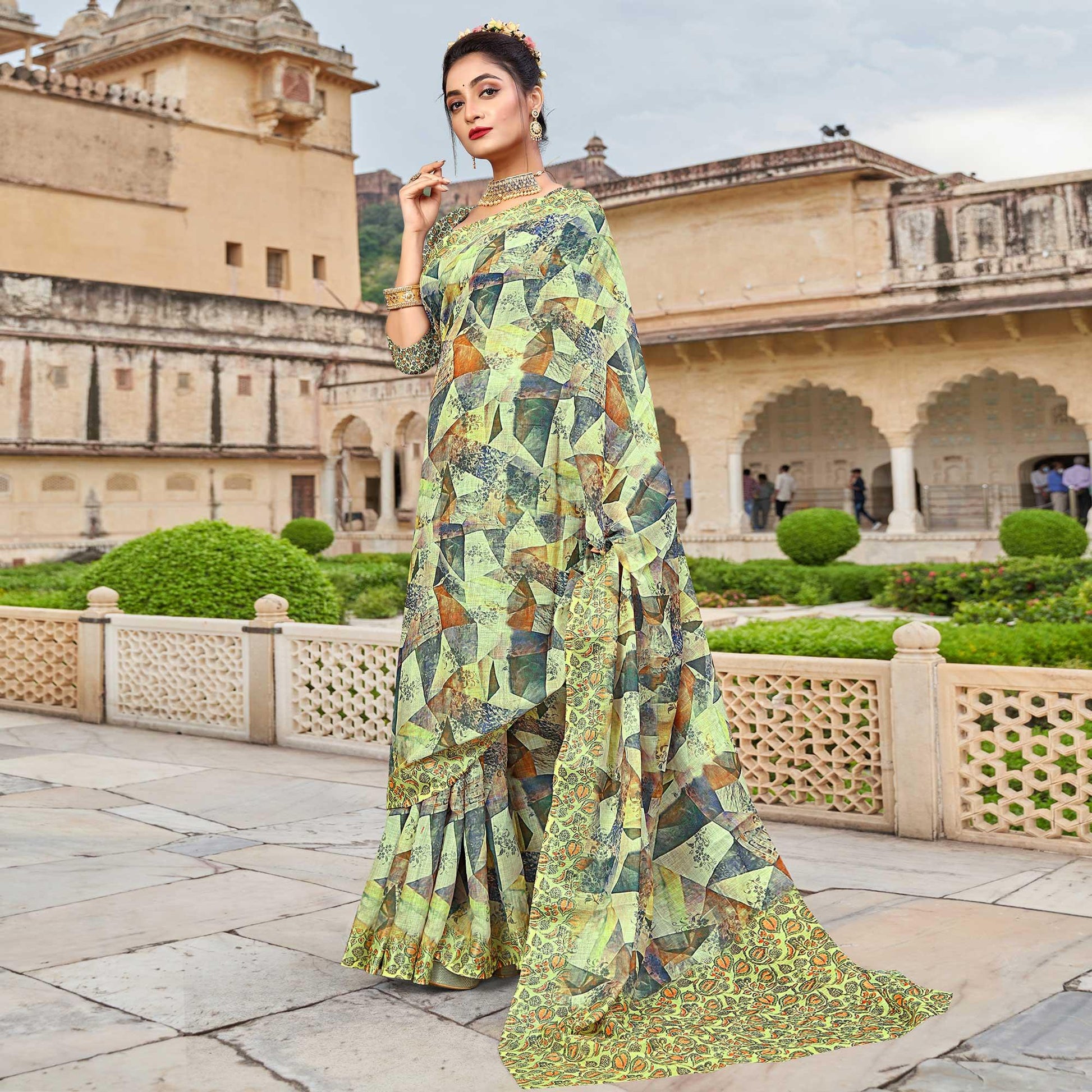 Lemon Green Digital Printed Linen Saree
