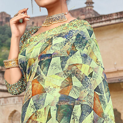 Lemon Green Digital Printed Linen Saree