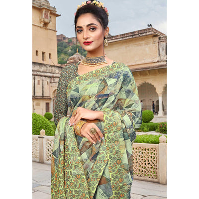 Lemon Green Digital Printed Linen Saree