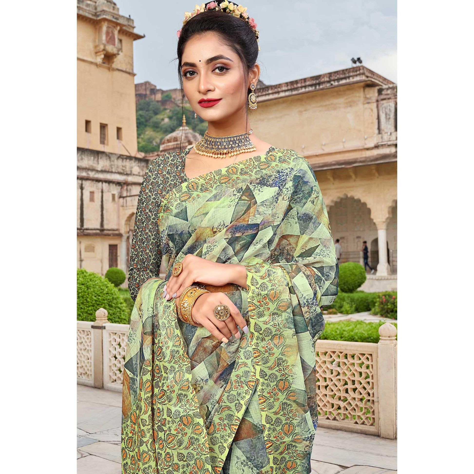 Lemon Green Digital Printed Linen Saree