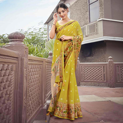 Lemon Green Festive Wear Printed Linen Saree With Border