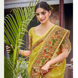 Lemon Green Festive Wear Printed Linen Saree With Border