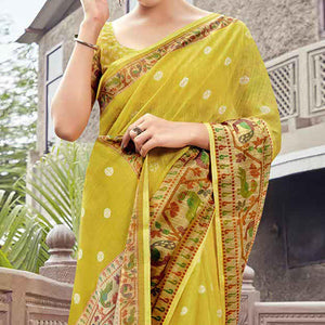 Lemon Green Festive Wear Printed Linen Saree With Border