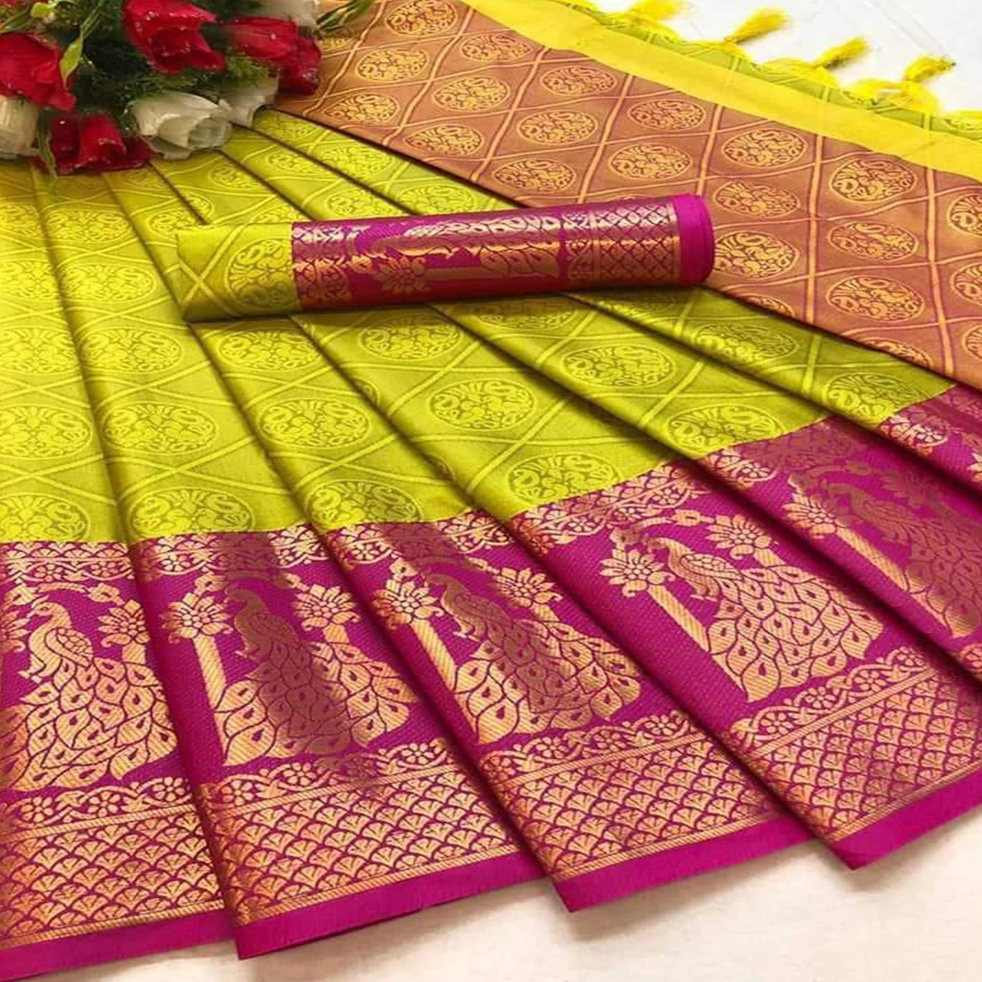 Lemon Green Festive Wear Woven Cotton Silk Saree