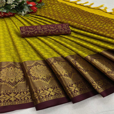 Lemon Green Festive Wear Woven Cotton Silk Saree