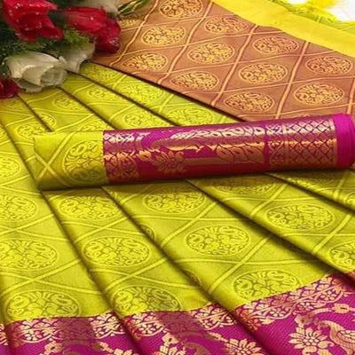 Lemon Green Festive Wear Woven Cotton Silk Saree