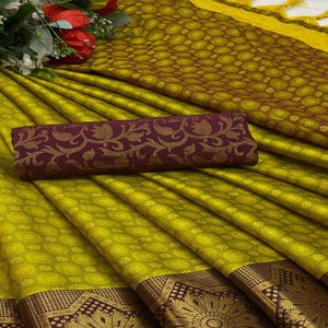 Lemon Green Festive Wear Woven Cotton Silk Saree