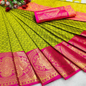 Lemon Green Festive Wear Woven Desginer Cotton Silk Saree