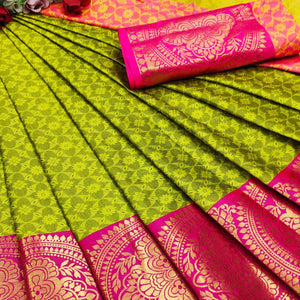 Lemon Green Festive Wear Woven Desginer Cotton Silk Saree