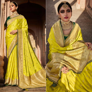 Lemon Green Festive Wear Woven Silk Saree