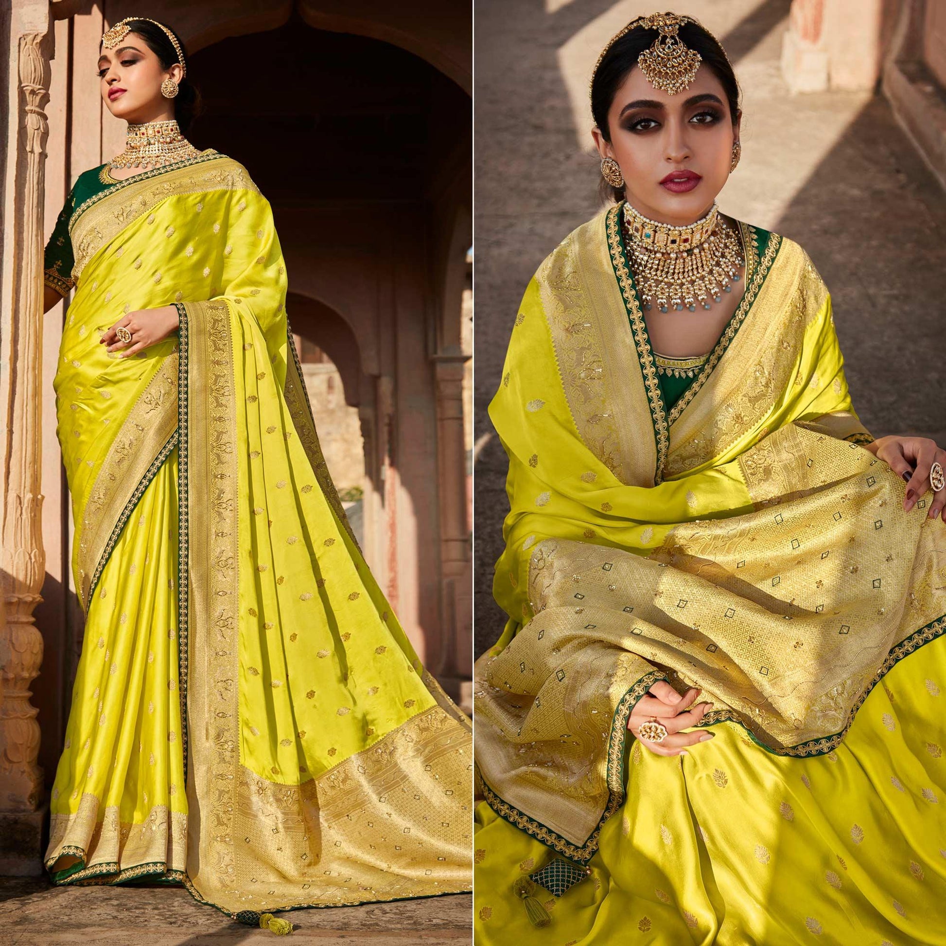 Lemon Green Festive Wear Woven Silk Saree