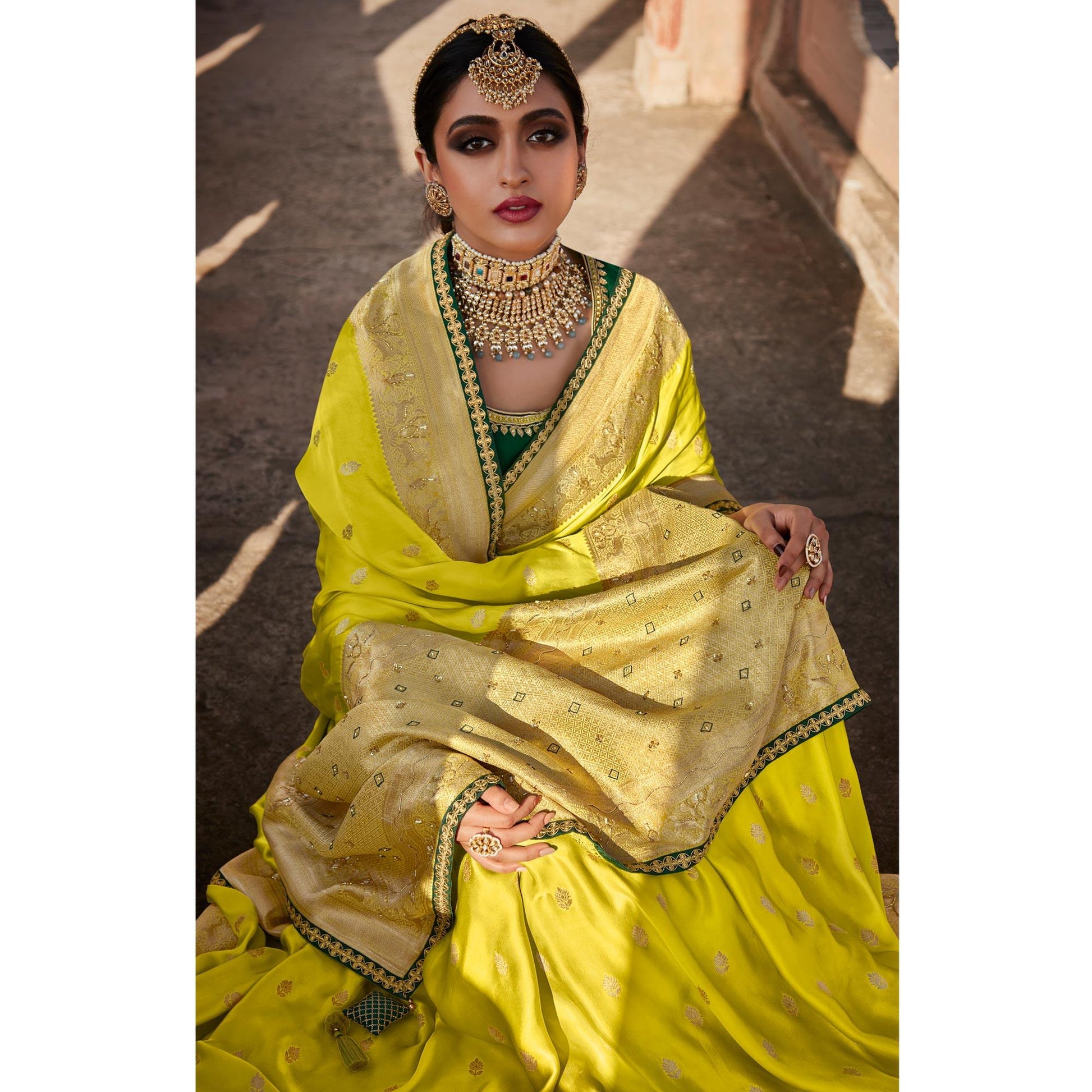 Lemon Green Festive Wear Woven Silk Saree