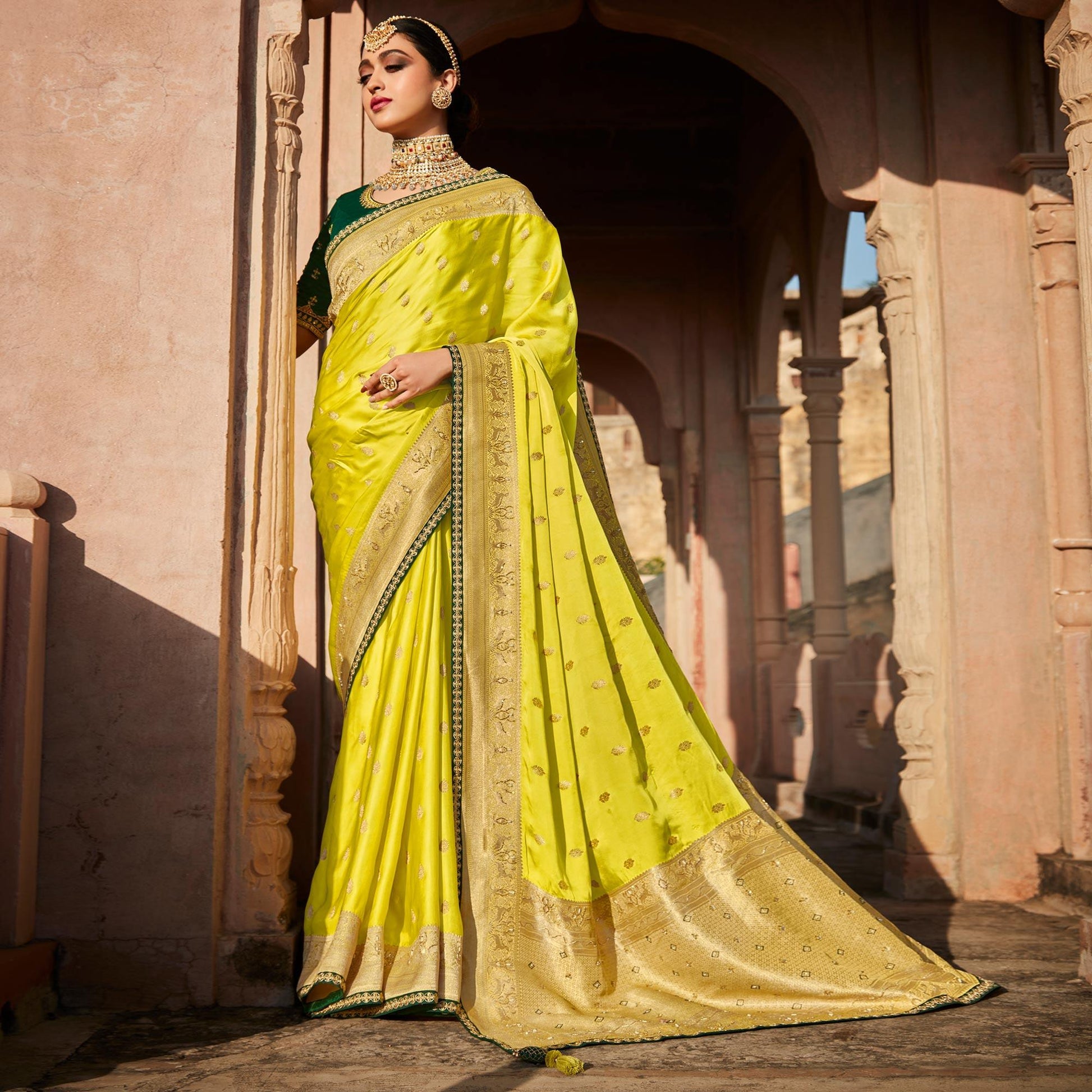Lemon Green Festive Wear Woven Silk Saree