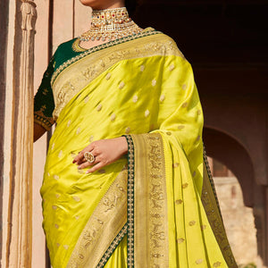Lemon Green Festive Wear Woven Silk Saree