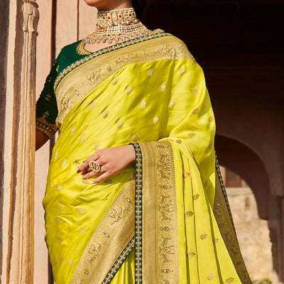 Lemon Green Festive Wear Woven Silk Saree