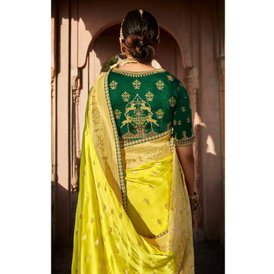 Lemon Green Festive Wear Woven Silk Saree