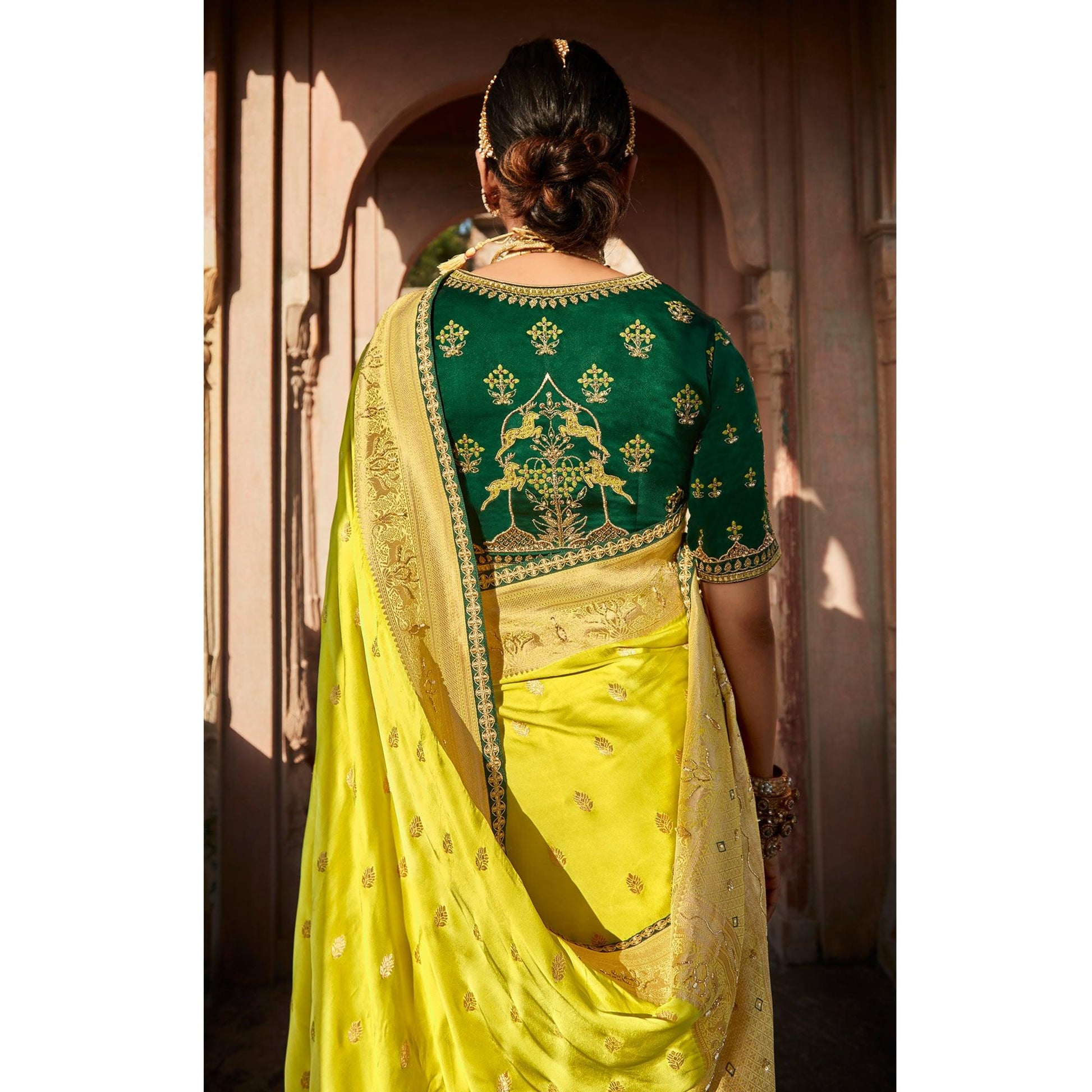 Lemon Green Festive Wear Woven Silk Saree