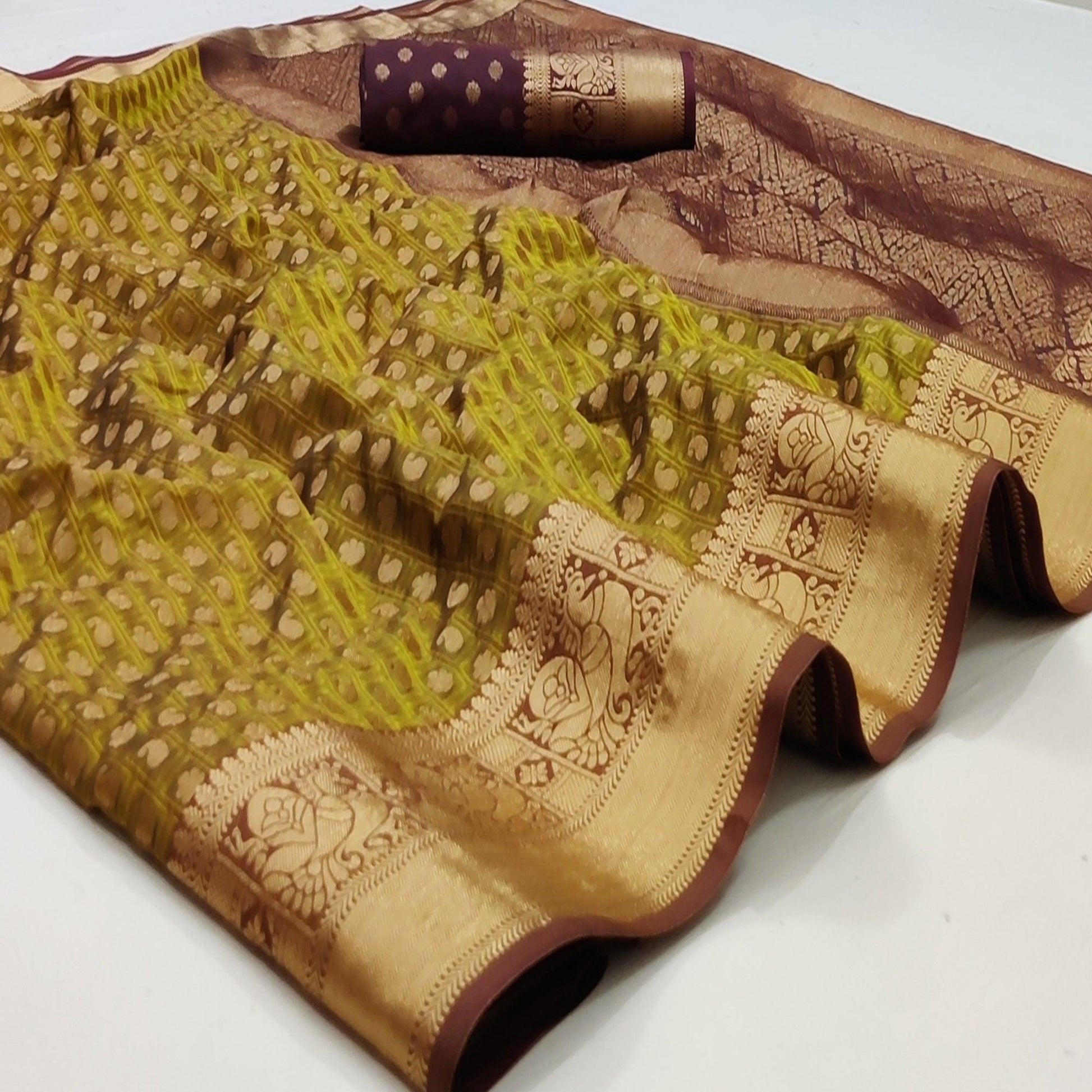 Lemon Green Festive Wear Woven Silk Saree With Jacquard Border