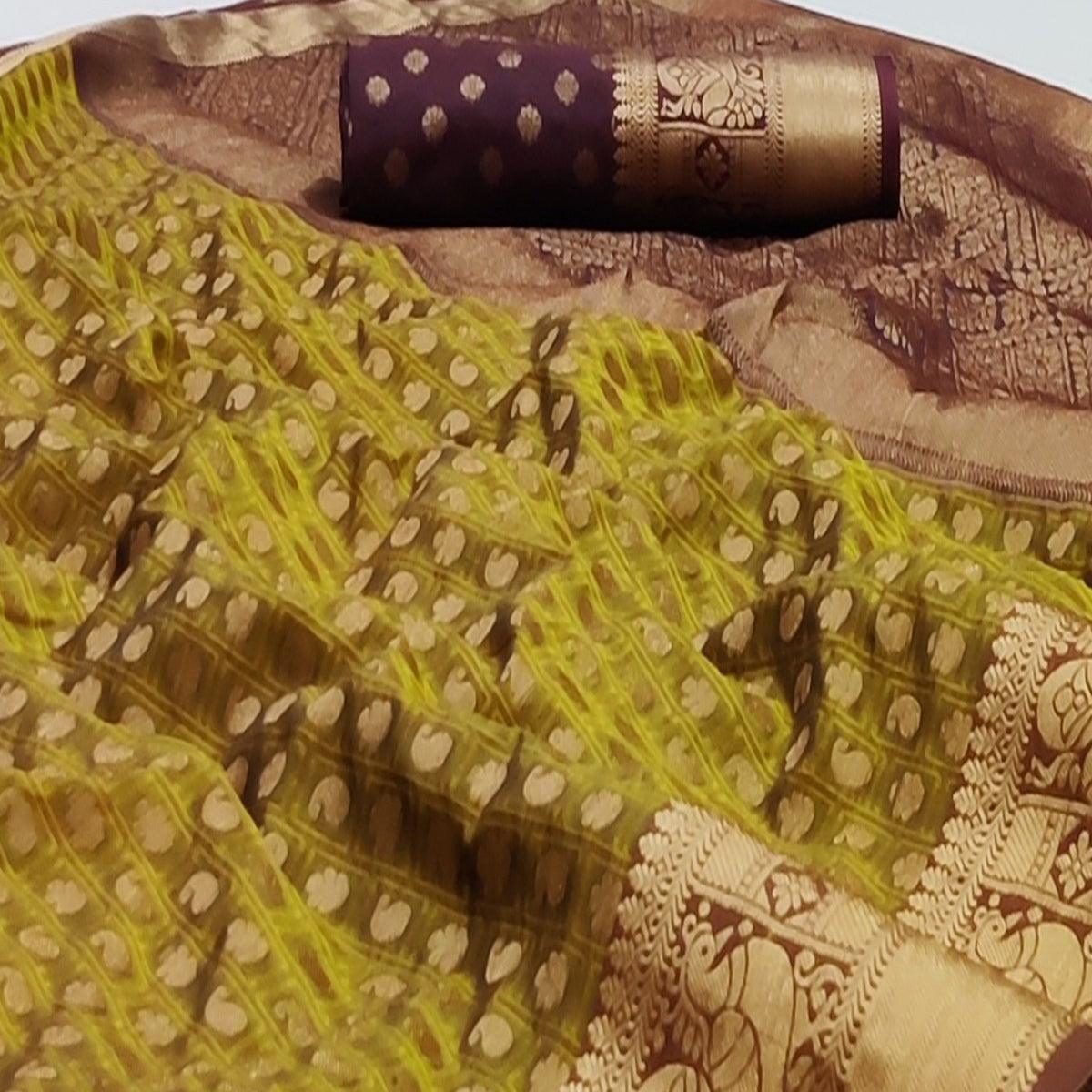 Lemon Green Festive Wear Woven Silk Saree With Jacquard Border