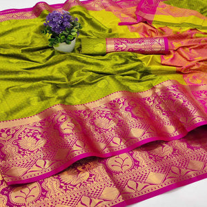 Lemon Green Festive Wear Woven Soft Cotton Saree
