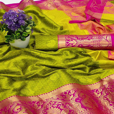 Lemon Green Festive Wear Woven Soft Cotton Saree