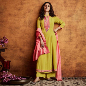 Lemon Green Floral Embroidered Fiona Silk Partywear Suit