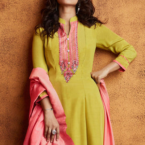 Lemon Green Floral Embroidered Fiona Silk Partywear Suit