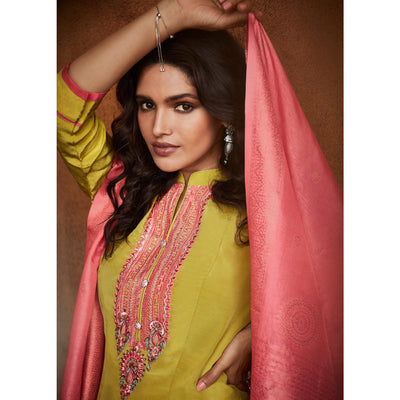 Lemon Green Floral Embroidered Fiona Silk Partywear Suit