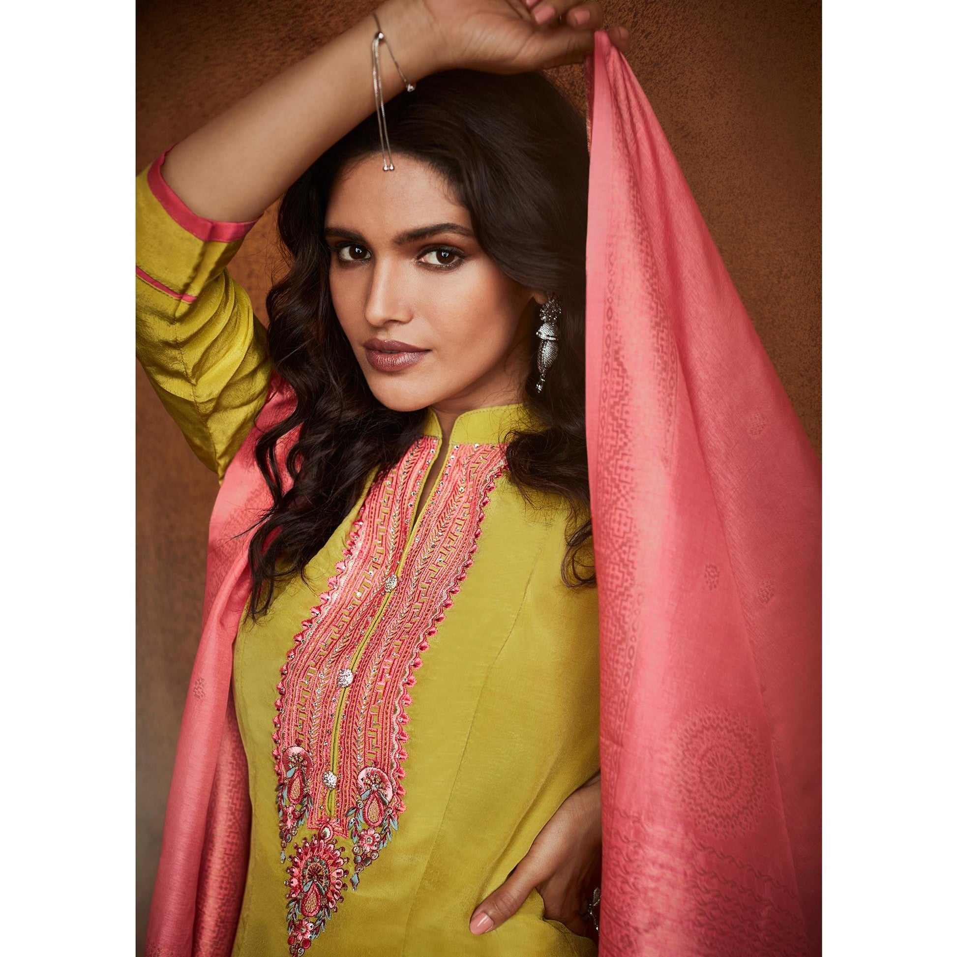 Lemon Green Floral Embroidered Fiona Silk Partywear Suit