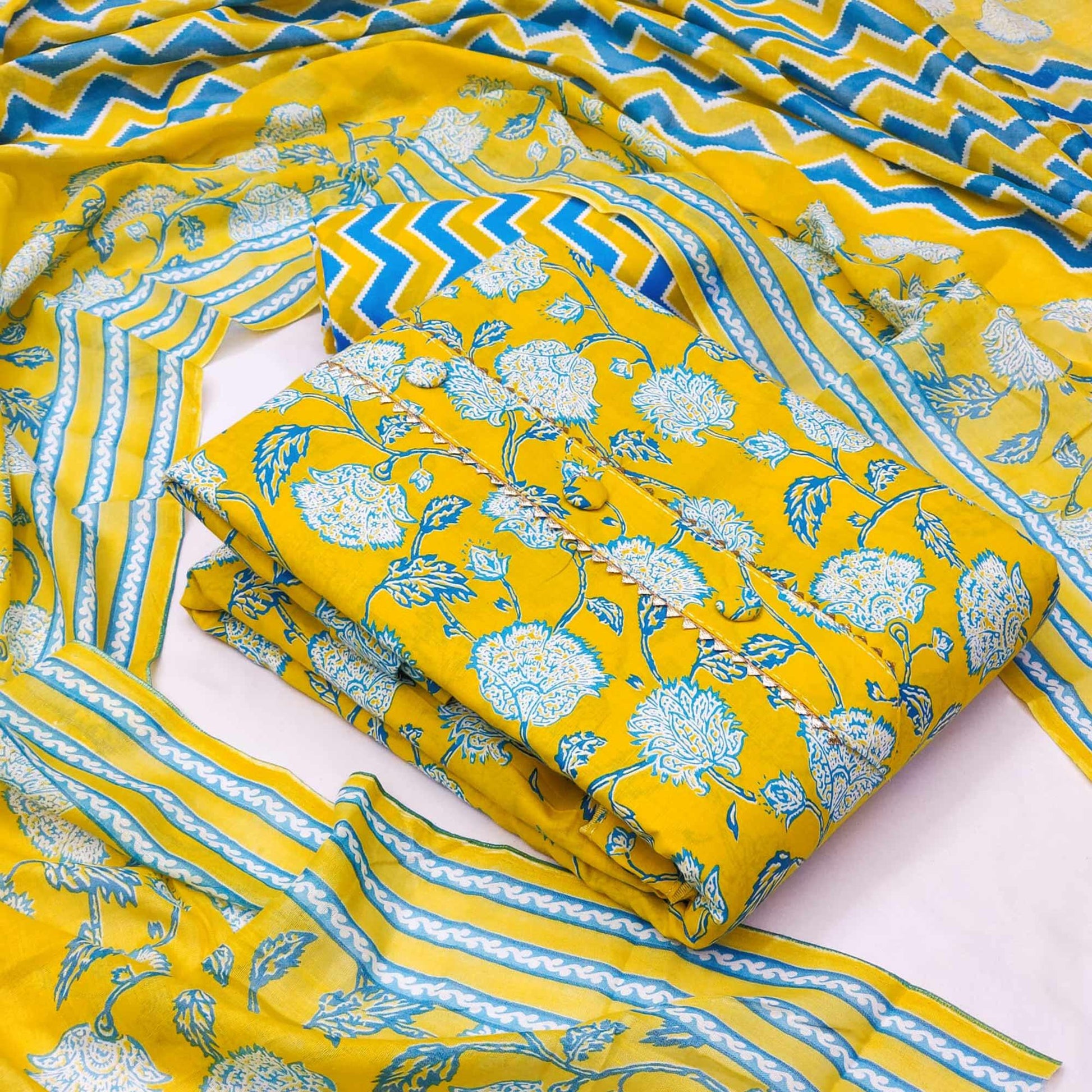 Lemon Green Floral Printed Cotton Blend Dress Material