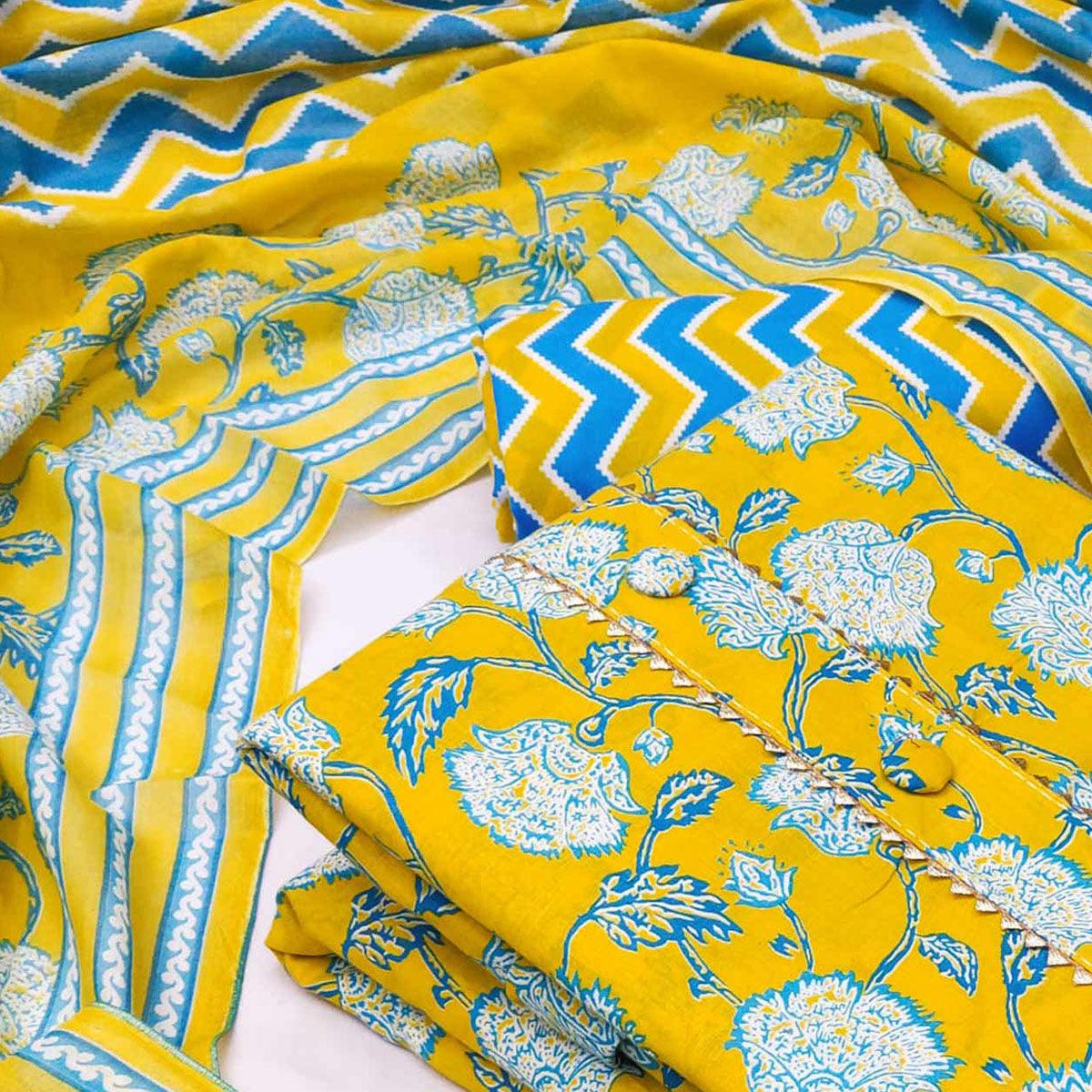 Lemon Green Floral Printed Cotton Blend Dress Material