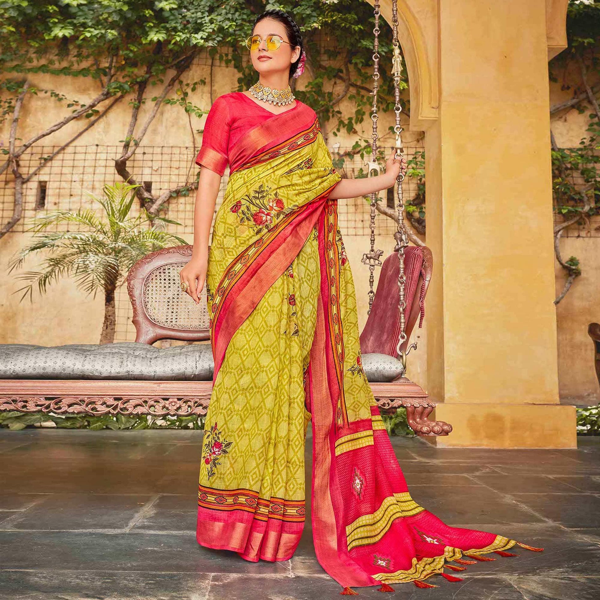 Lemon Green Floral Printed Linen Saree