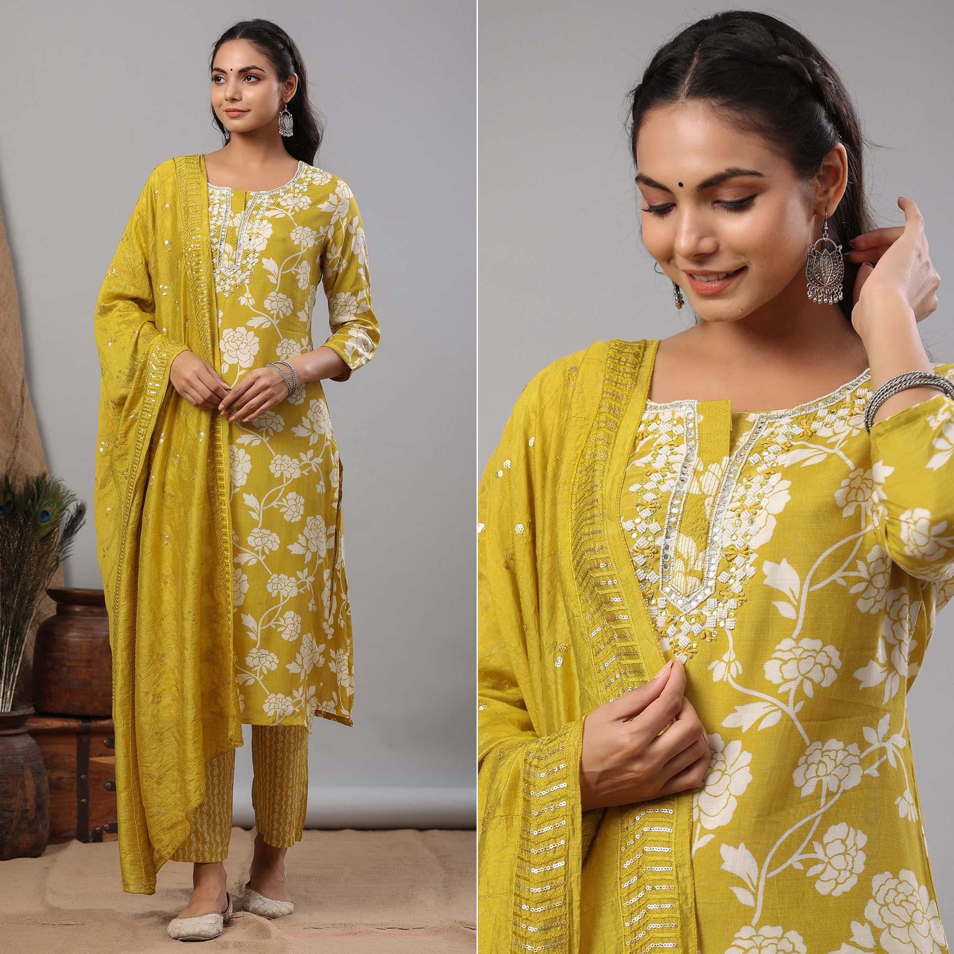 Lemon Green Floral Printed Muslin Kurti Palazzo Set