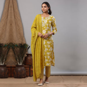 Lemon Green Floral Printed Muslin Kurti Palazzo Set