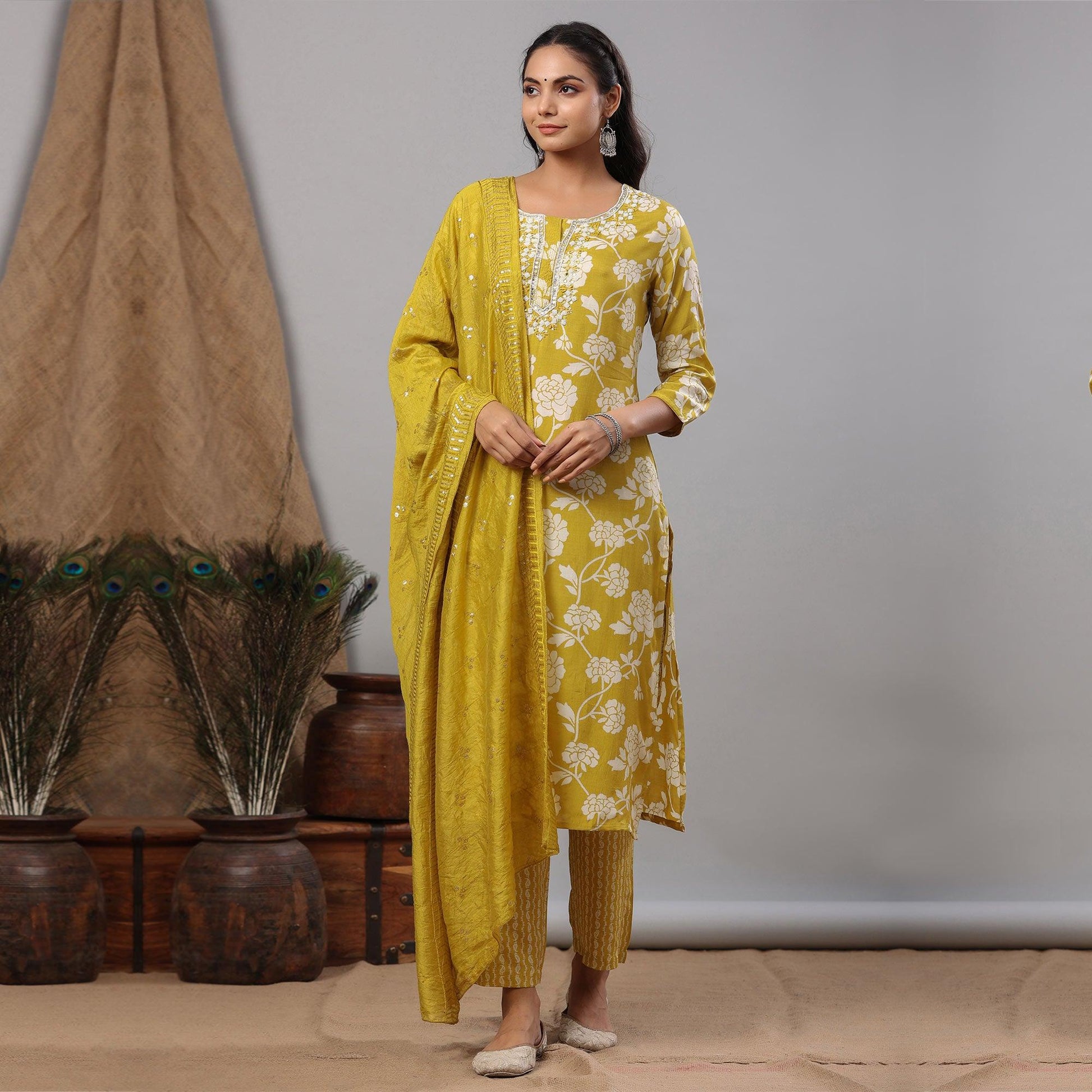 Lemon Green Floral Printed Muslin Kurti Palazzo Set