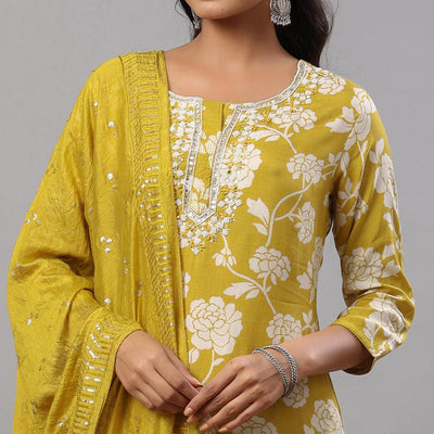 Lemon Green Floral Printed Muslin Kurti Palazzo Set