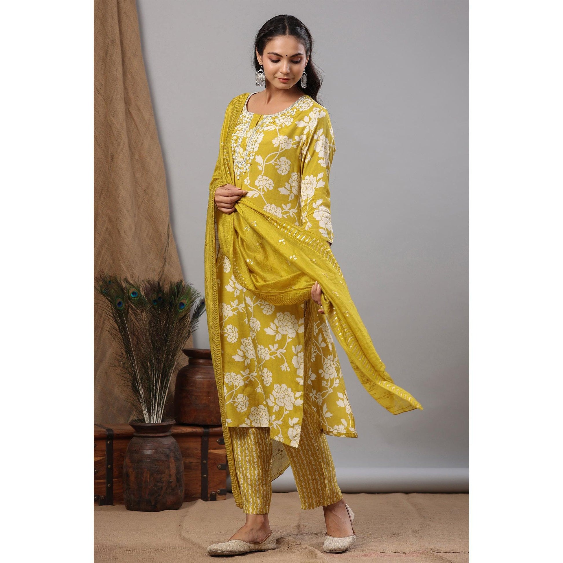 Lemon Green Floral Printed Muslin Kurti Palazzo Set